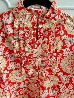 Oliphant Floral Ruffle Front Blouse - Red & Cream